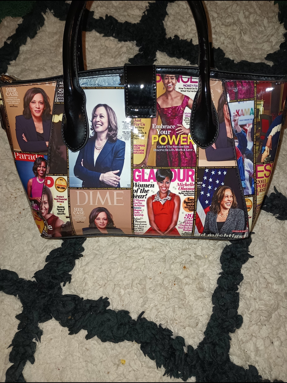 Magazine-Collage Print Tote with Black Trim